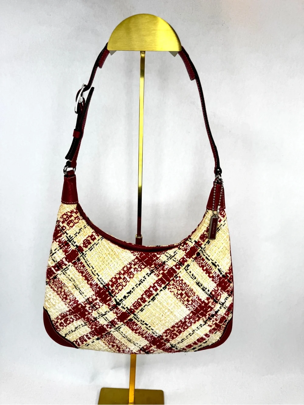 Coach Plaid Tweed Shoulder Hobo Bag Red Cream Leather Trim Style 8368